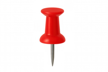 Red pushpin creating a marker, pinning important notes, or holding documents on a transparent background