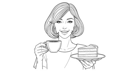Woman holding coffee and cake slice in black and white illustration