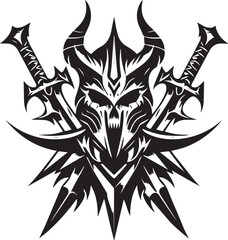 Intricate Black and White Vector Illustration of a Warrior Skull with Swords and a Decorative Shield