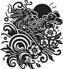 Detailed Black and White Vector Illustration of a Dragon, Clouds, and Floral Elements
