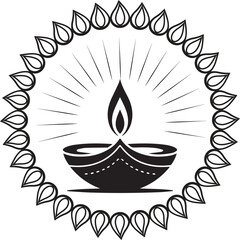 Traditional diya oil lamp illuminated with rays of light surrounded by decorative border