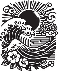 Illustrative Black and White Japanese Wave Design Featuring Sun, Flowers, and Clouds