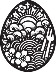 Decorative Easter Egg Illustration with Floral and Sun Motifs in a Black and White Style