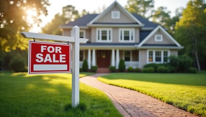 Red For Sale sign stands on green lawn. Large modern family home features multiple windows, well-maintained yard, brick path leading to inviting front door. Bright sun shines on elegant residential