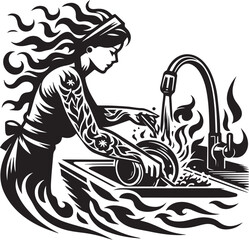 Intricate Black and White Illustration of a Woman Washing Dishes in a Kitchen Sink