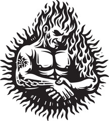 Black and white illustration of a muscular man shaking hands engulfed in flames and fire effect