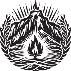 Monochrome Illustration Depicting a Mountainous Landscape with Fire and Sunburst Elements