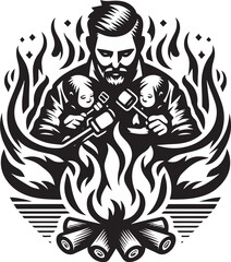 Black and White Illustration of a Father and Children Roasting Marshmallows by a Campfire