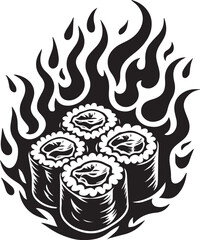 Black and white illustration of sushi rolls engulfed in flames suitable for menu design