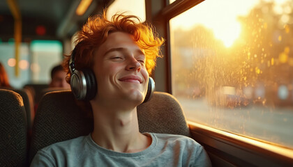 Smiling redhead man relaxes on bus in sunlight. He wears headphones, enjoys music looking out window. Commuter travels. Passenger listens podcast. Relaxation during ride in transport. Teenager smiles.