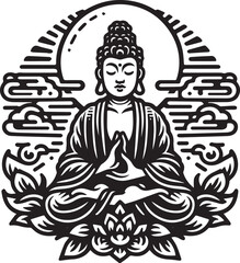 Intricate Black and White Illustration of a Meditating Buddha with Lotus and Clouds