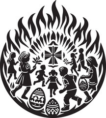 Illustration depicting children celebrating Easter, surrounded by flames and Easter eggs symbols