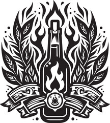 Illustration of a bottle surrounded by flames and foliage for a vintage logo design