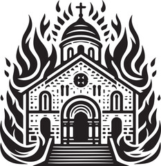A Symbolic Black and White Illustration Depicting a Church Surrounded by Flames and Symbolism
