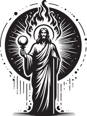 Illustration of Jesus Christ with halo holding a scepter against a radiant background design