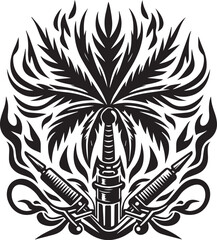 Intricate Black and White Tattoo Design Featuring a Sword, Syringes, and Ornate Abstract Elements