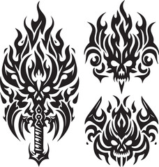 Intricate black and white tribal skull and flame vector illustration, perfect design element