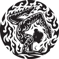 Artistic illustration of a woman in a yoga scorpion pose within a decorative circular frame