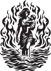 A Symbolic Illustration of Motherhood and Protection Amidst Flames and Water Elements