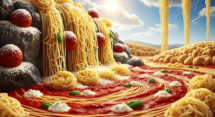Spaghetti Extravaganza: A Whimsical Landscape of Pasta, Sauce, and Culinary Delights in a Fantastical Foodscape