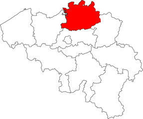 Detailed vector map of Belgium highlighting Antwerp Province, the most populous region containing the nation's major port and diamond center.

