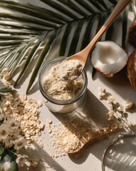 Spoon of collagen powder above glass of water with oats, coconut, and greenery, natural textures, bright daylight, eco wellness aesthetic, vertical composition