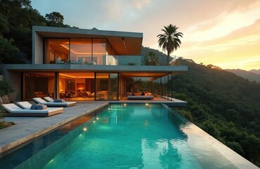 Fototapeta premium Luxury modern villa with infinity pool on hillside. Contemporary architecture at sunset with scenic mountain view. Elegant home offers spacious living, resort-style relaxation, rich greenery.
