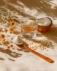 Spoon of collagen powder above glass of water with oats, coconut, and greenery, natural textures, bright daylight, eco wellness aesthetic, vertical composition