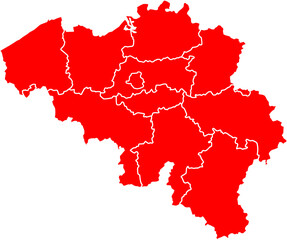 Detailed red vector map of the Kingdom of Belgium, featuring all 10 Provincial administrative divisions with their internal borders.


