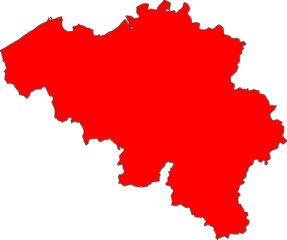 Detailed red vector silhouette map of the Kingdom of Belgium, providing a solid fill without internal divisions for design and data visualization.

