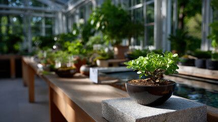 A beautiful bonsai plant in a stylish greenhouse showcases natural light and tranquility, perfect for indoor gardening enthusiasts seeking serenity and beauty in nature.