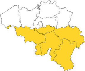 Detailed vector map of Belgium highlighting Walloon Region (Wallonia), the French-speaking southern territory known for its historical industry and the Ardennes forest.

