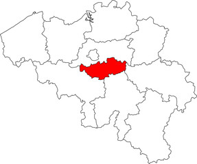 Detailed vector map of Belgium highlighting Walloon Brabant, the affluent central province known for its universities and the historical Battle of Waterloo site.

