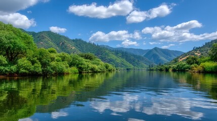Serene river reflection mountainous landscape nature photography vibrant environment peaceful viewpoint tranquility concept