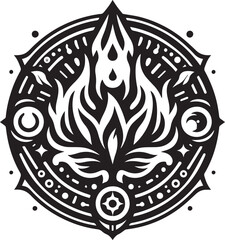 Intricate Black and White Circular Design Featuring Flames and Ornamental Geometric Elements