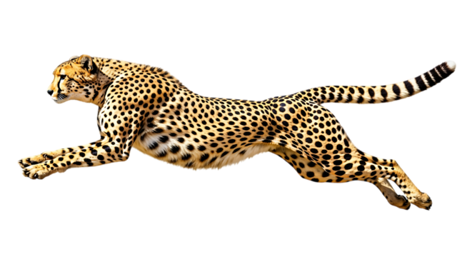 Cheetah in full stride with spotted fur and striped tail isolated on a transparent background animal