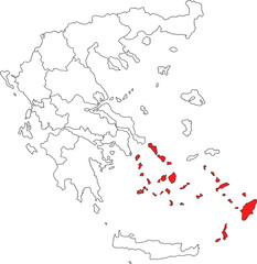 Detailed vector map of Greece highlighting South Aegean (Notio Aigaio), the island region containing the Cyclades and Dodecanese archipelagoes.

