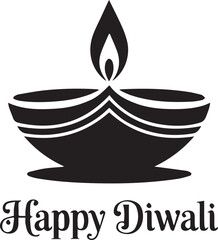 Simple black silhouette of a diya lamp with happy diwali text