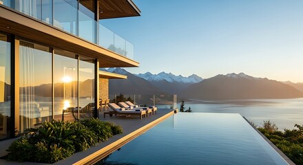 Fototapeta premium Luxury home and infinity pool nestled against stunning mountain vista
