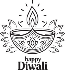 Traditional indian diya lamp with lotus petals and happy diwali greeting