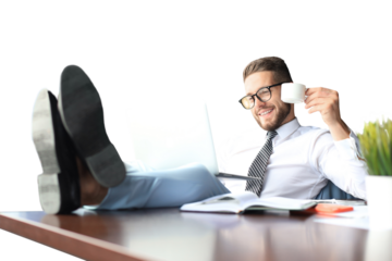 Handsome businessman sitting with legs on table and drinking coffee on a transparent background