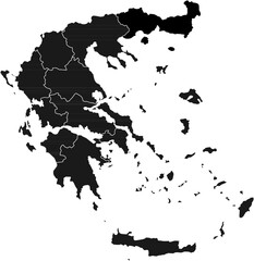 Detailed black vector map of the Hellenic Republic (Greece), featuring all 13 administrative regions (Peripheries) and their internal borders.

