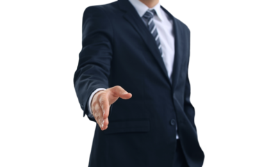A business man with an open hand ready to seal a deal on a transparent background