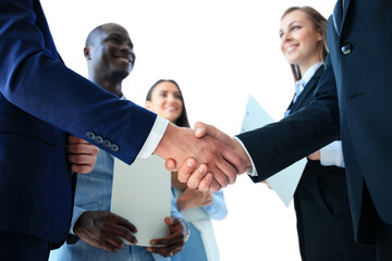 Business people shaking hands, finishing up a meeting on a transparent background