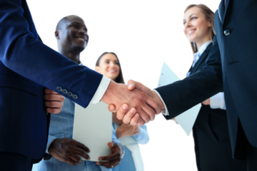 Business people shaking hands, finishing up a meeting on a transparent background