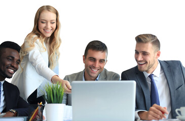 startup business team on meeting brainstorming, working on laptop and tablet computer on a transparent background