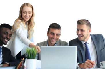 startup business team on meeting brainstorming, working on laptop and tablet computer on a transparent background