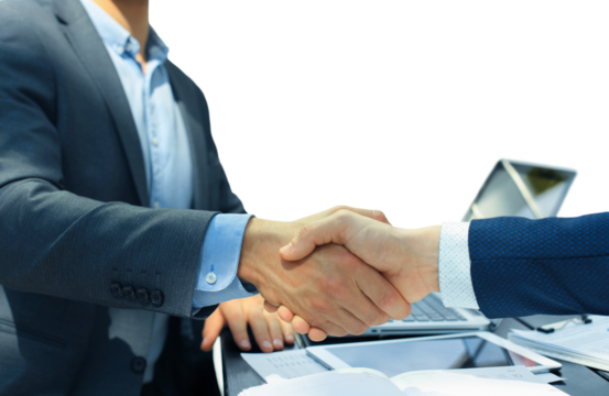 Business people shaking hands, finishing up a meeting on a transparent background