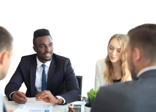 Business people in discussing something while sitting together at the table on a transparent background