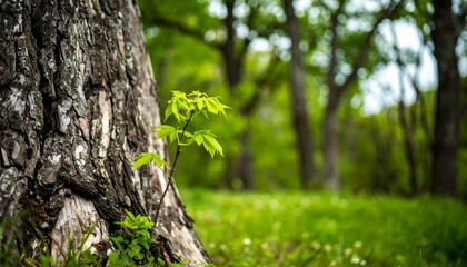 Obraz premium Young sapling emerging from base of large tree in lush forest